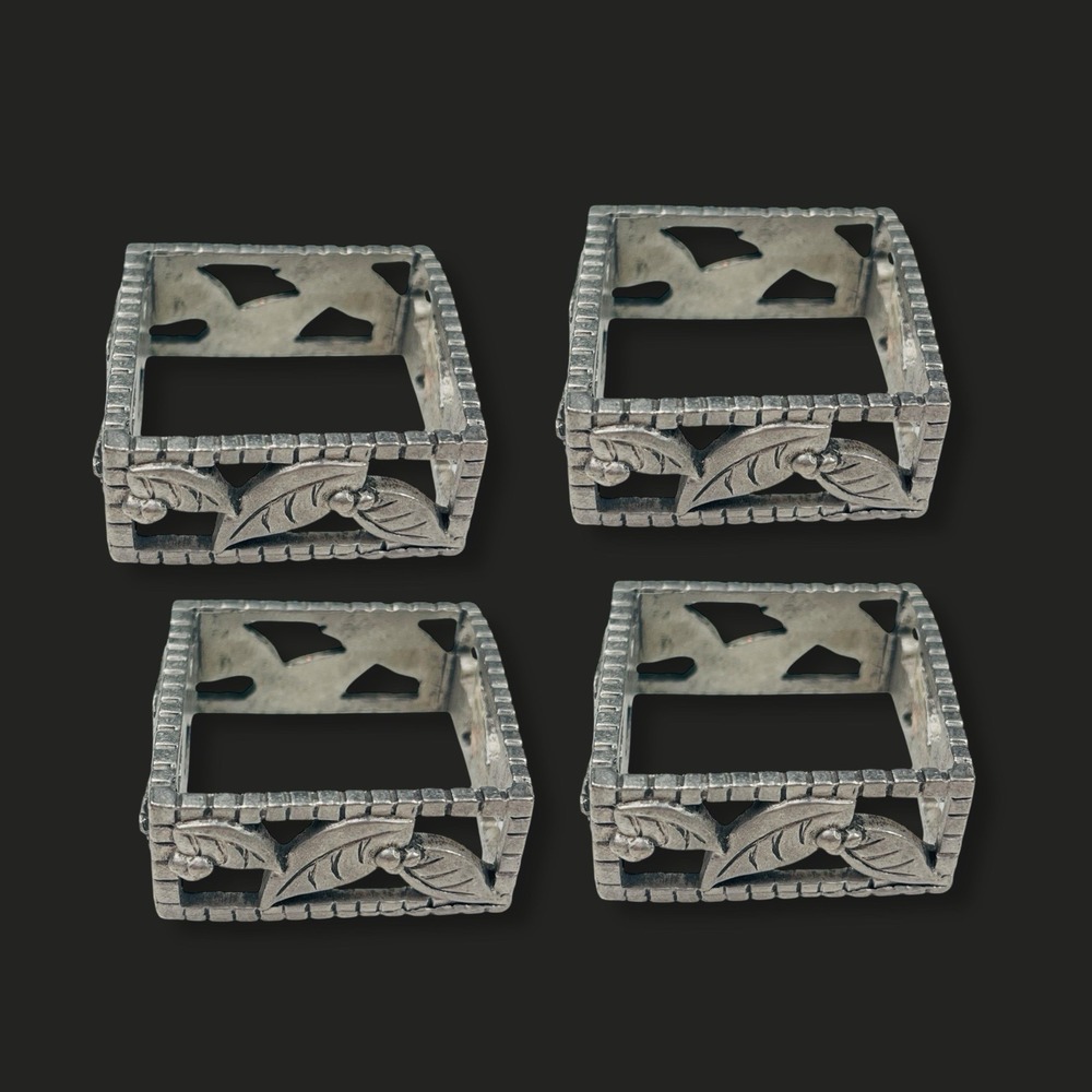 Vintage Seagull Pewter Christmas Holly Leaf Napkin Rings Set 4 Square Silver